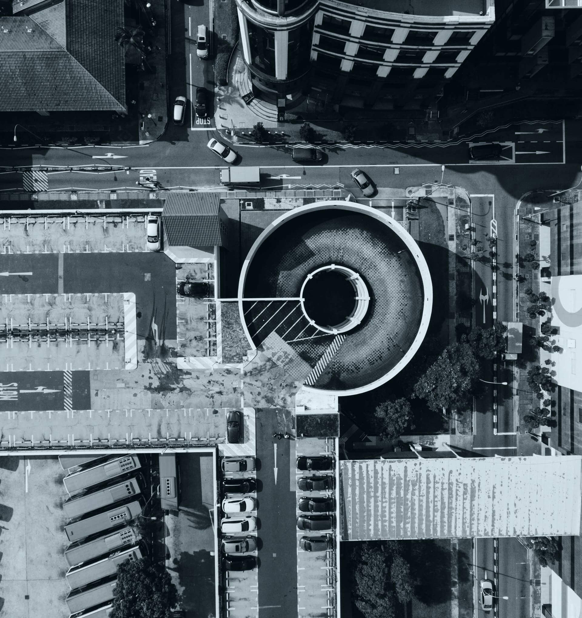 Top-down aerial view of a commercial property district